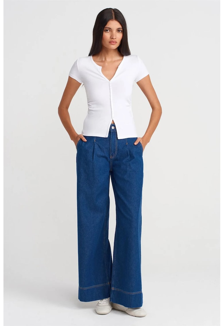 Blugi dama - talie inalta - croiala larga denim albastru mediu 100% bumbac