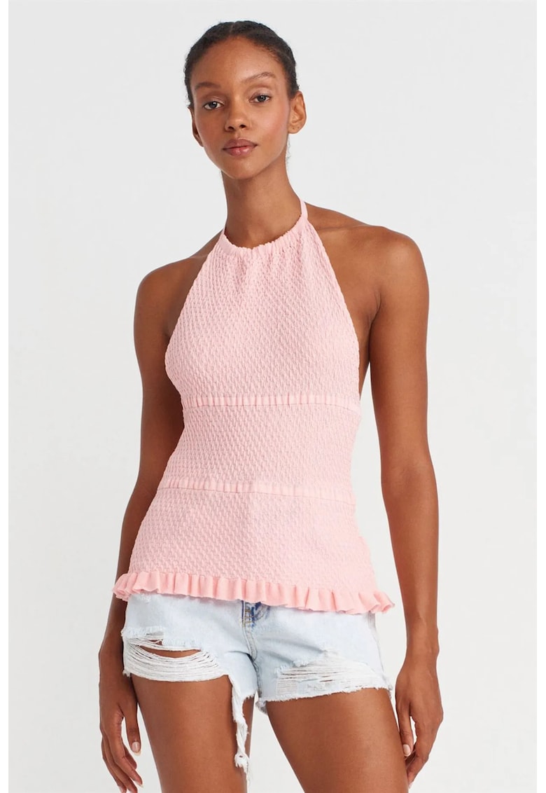 Bluza dama - slim fit - volanase - roz pudrat - tricot viscoza si poliamida -