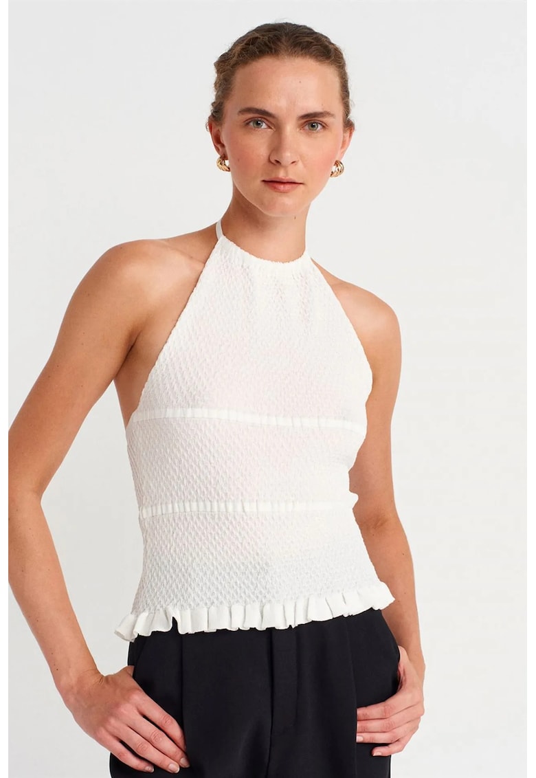 Bluza dama - slim fit - detalii volanase - alb - tricot din viscoza si poliamida -