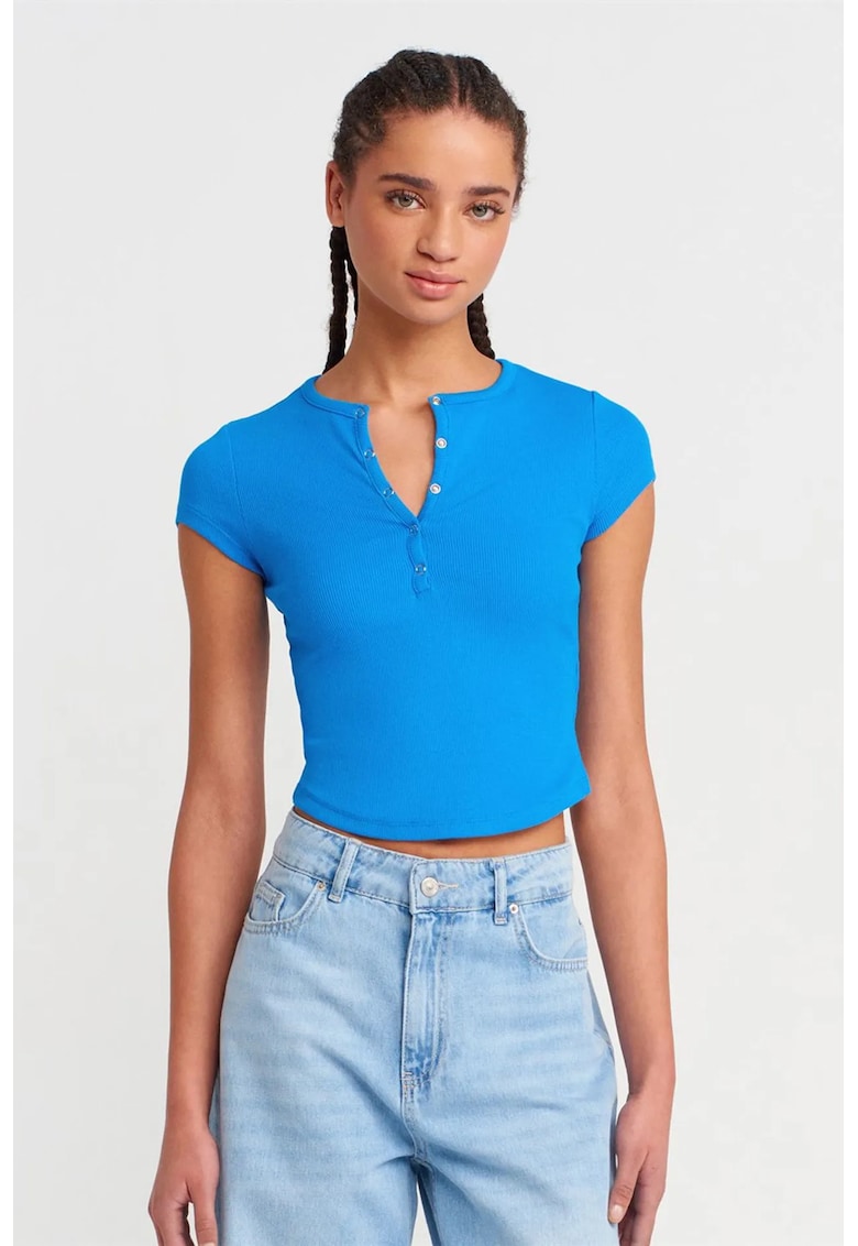 Bluza dama - scurta - slim-fit - albastru cobalt - bumbac cu elastan