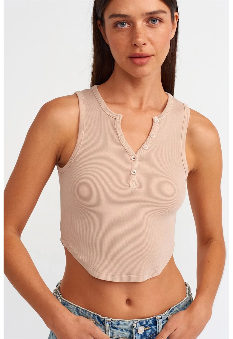 Bluza crop slim fit - cu nasturi - bej natural - tricot din bumbac-elastan