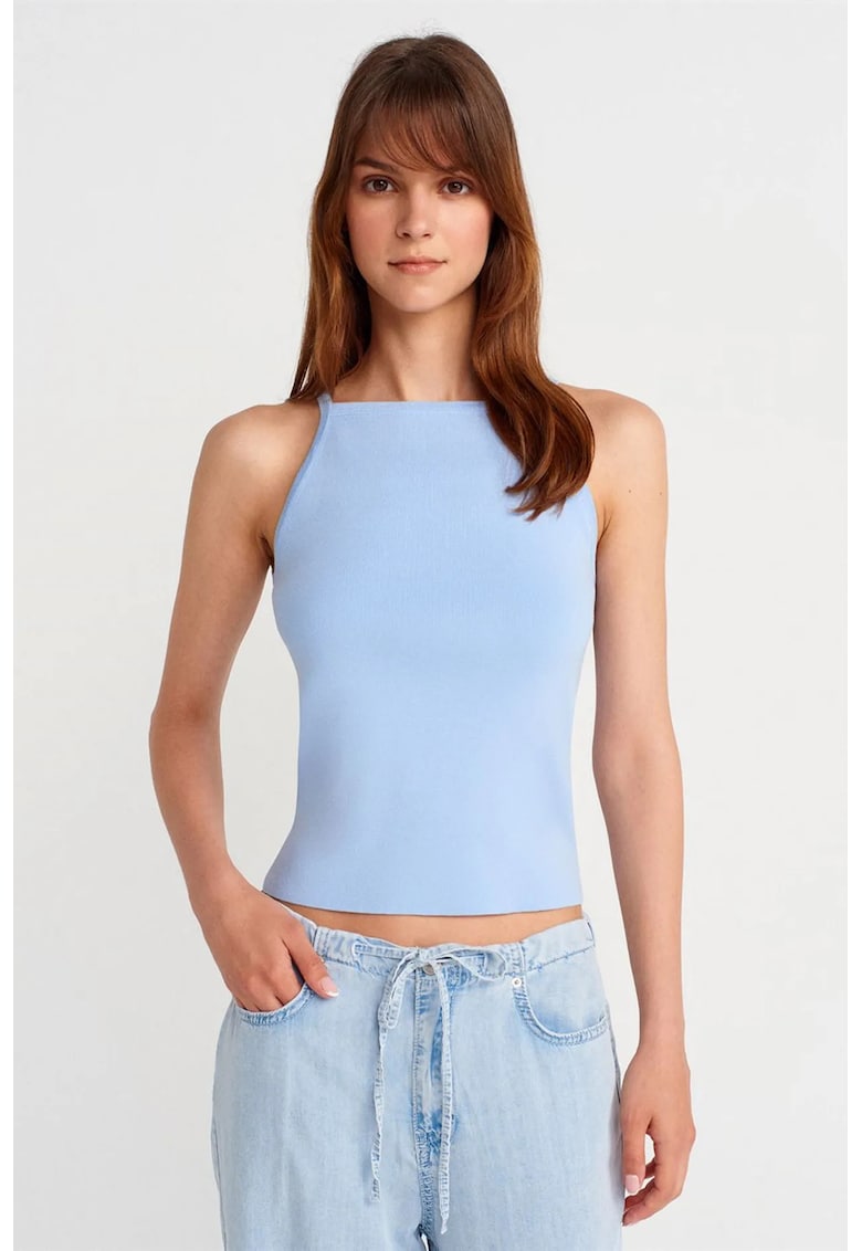 Bluza dama - slim fit - detaliu funda - albastru bebelus - tricot subtire -