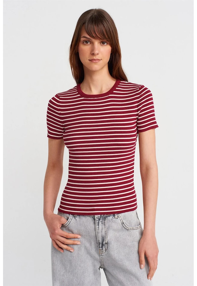 Bluza dama - tricotata cu nervuri si dungi - visiniu - casual - maneca scurta - fara inchidere -