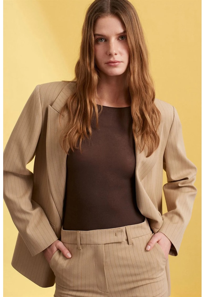 Sacou dama - blazer din crep cu dungi - bej natural - maneca lunga - 62% poliester