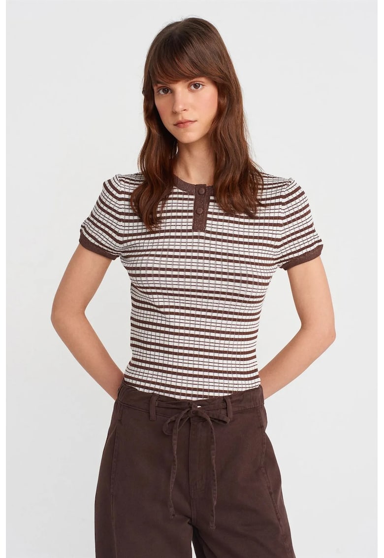 Bluza dama - bluza cu dungi - maneca scurta - maro - viscoza -