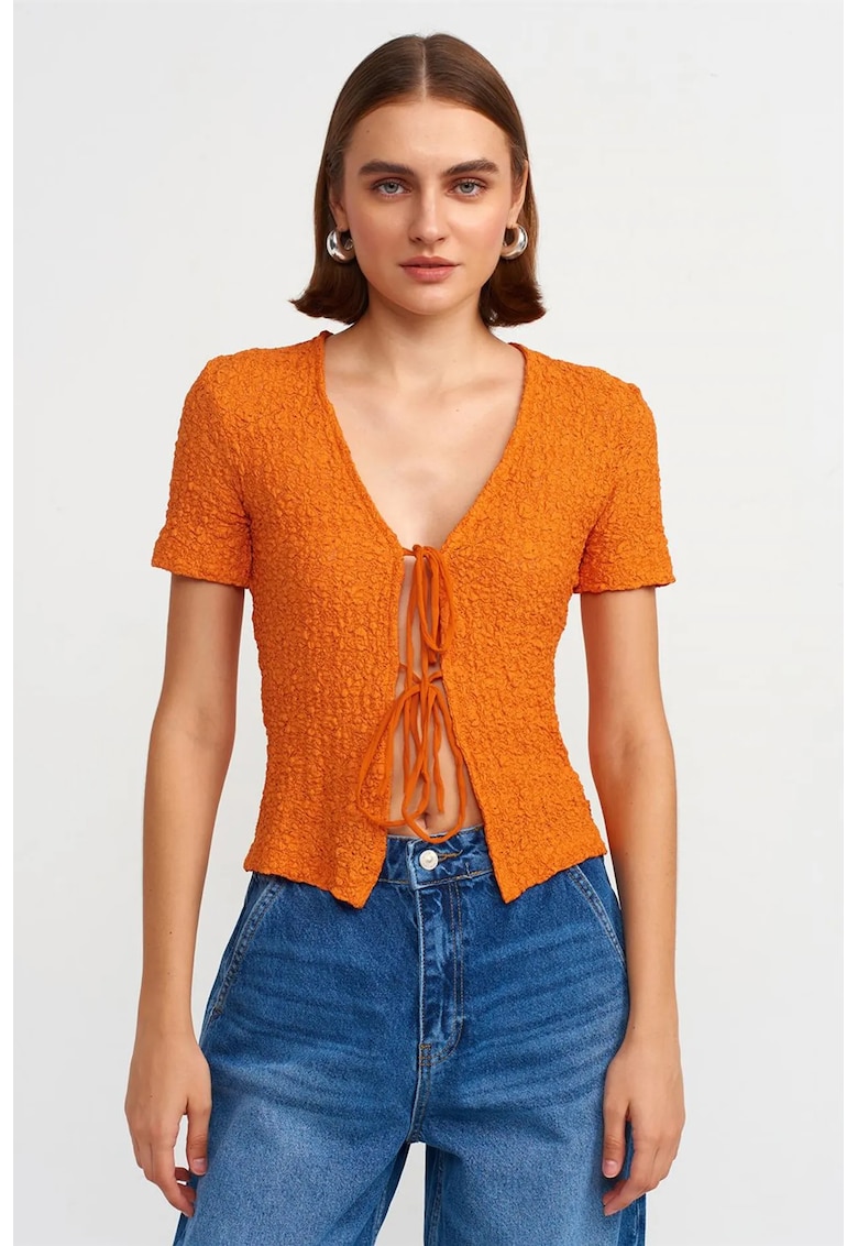 Bluza dama - crop din dantela - portocaliu intens - detalii cu snur - maneca scurta - poliester-elastan -
