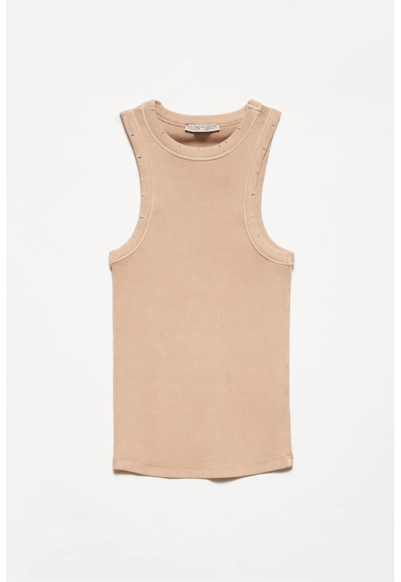 Bluza dama - tricotata reiata - casual - bej natural - fara maneci