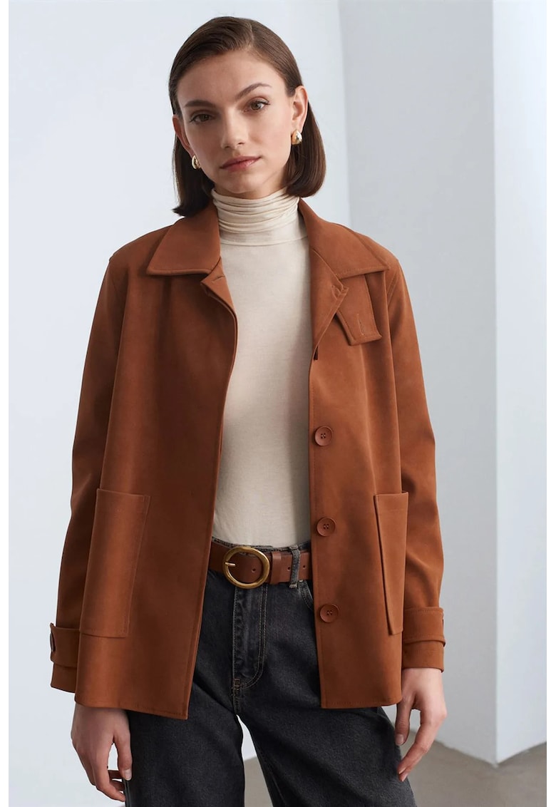 Geaca dama din piele intoarsa artificiala - maro camel - cu nasturi - maneca lunga - 60% poliester - 40% poliuretan