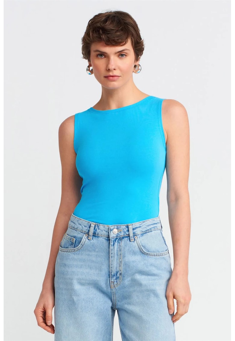 Bluza dama - bluza fara maneci - croiala slim-fit - albastru cerulean - bumbac elastan