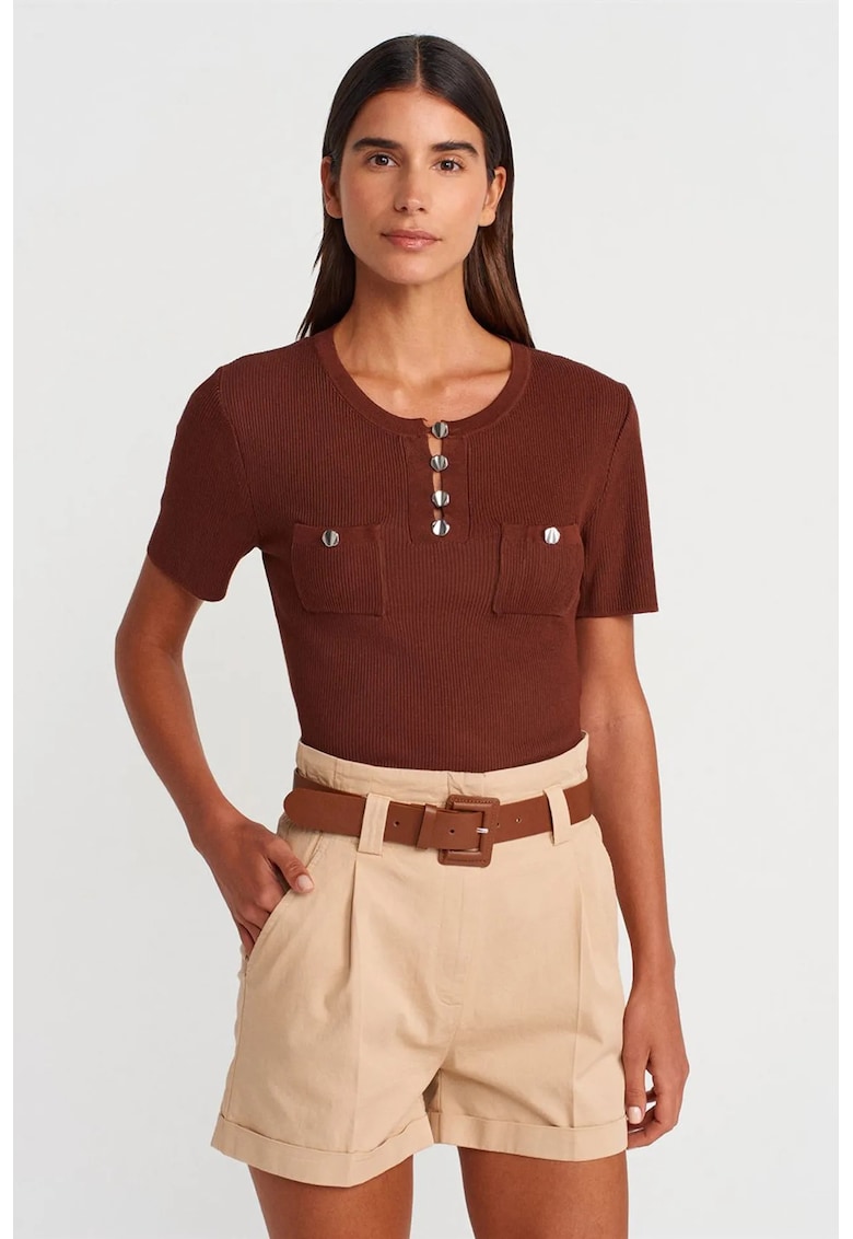 Bluza dama - regular fit - maneci scurte - maro castaniu - tricot din viscoza si poliamida -