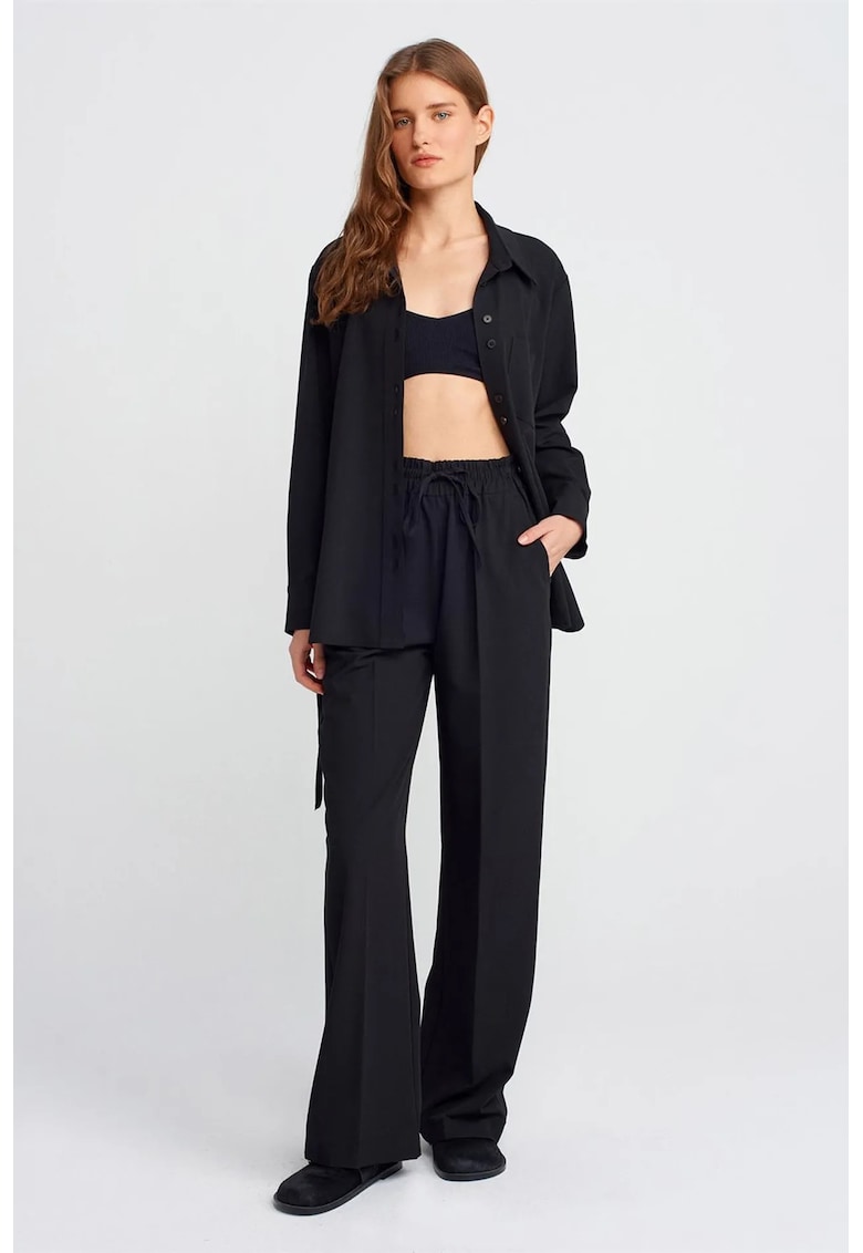 Pantaloni dama - model wide-leg - negru - jerseu