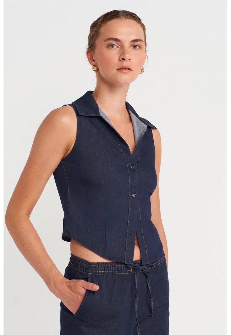 Camasi dama - camasa scurta fara maneci - casual - albastru marin - poliester-viscoza-elastan