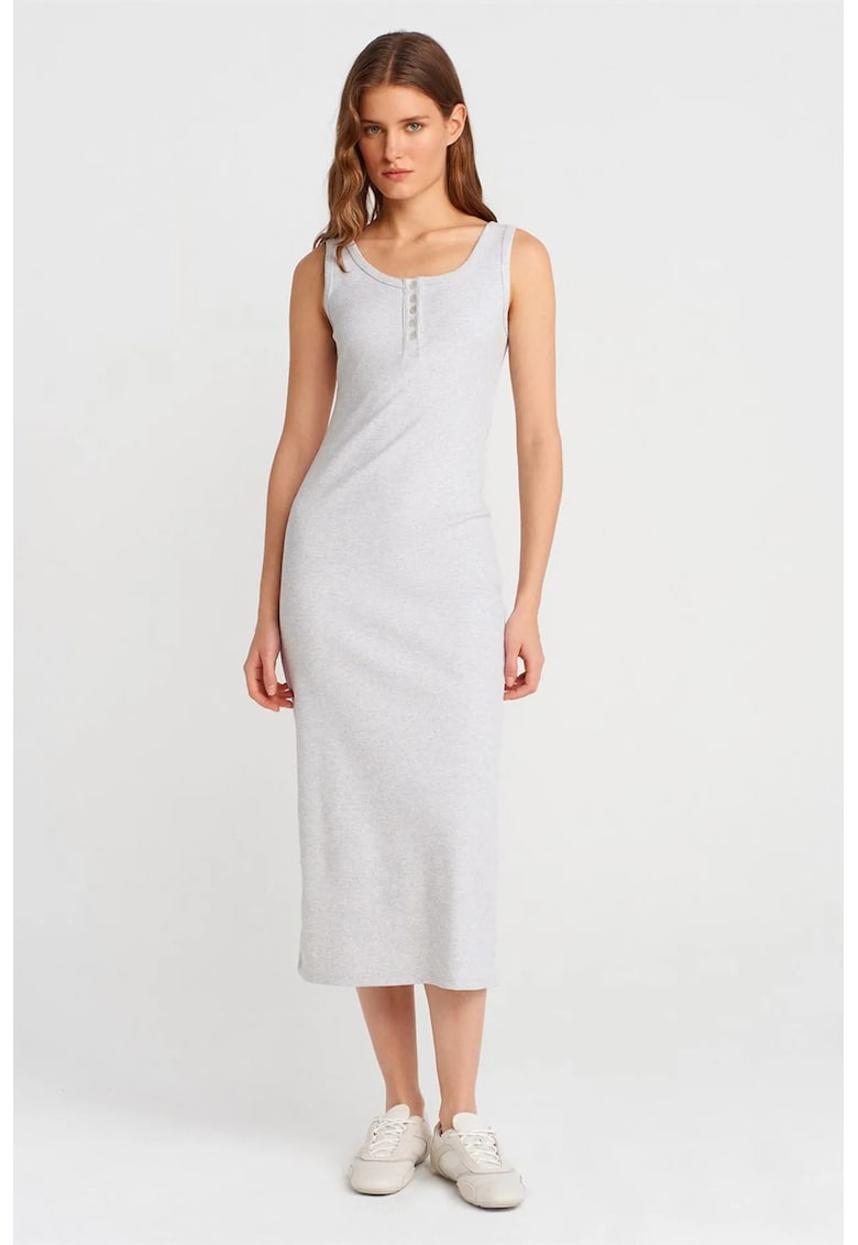 Rochie Midi Femei - Bodycon - Gri Deschis - Bumbac/Elastan - Fara inchidere - Detalii cu Buton
