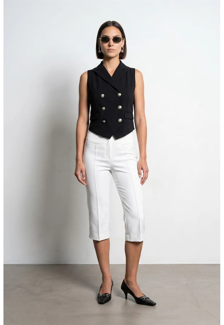 Vesta tesuta pentru femei - casual - negru - cu guler sal - inchidere cu nasturi
