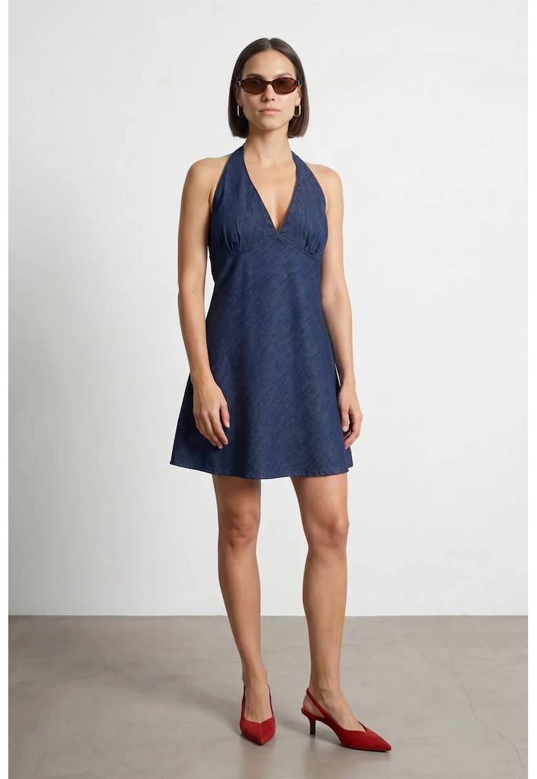 Rochie Mini - Denim Albastru Mediu - Casual - Guler Halter - 100% Bumbac