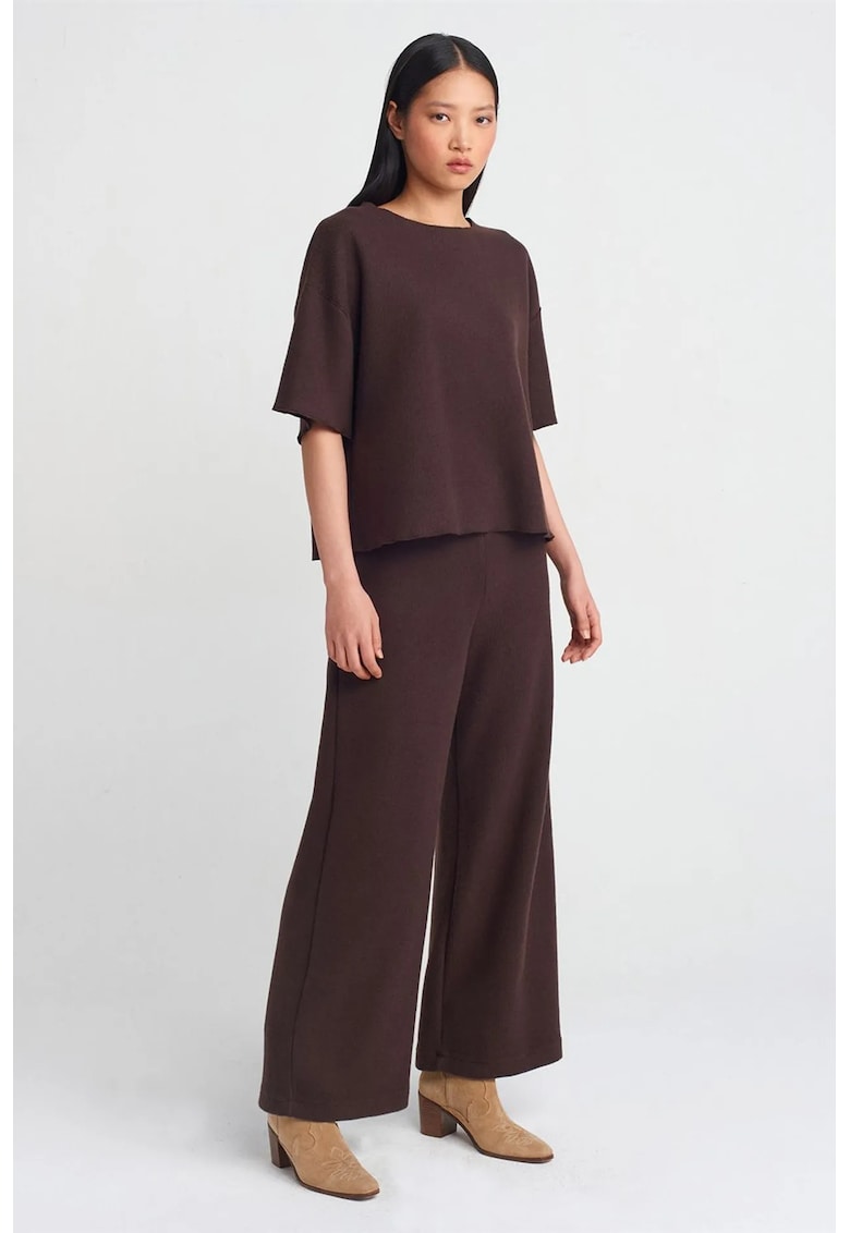Pantaloni dama - tricotati - talie inalta - picior lat - maro cafea - poliester-bumbac