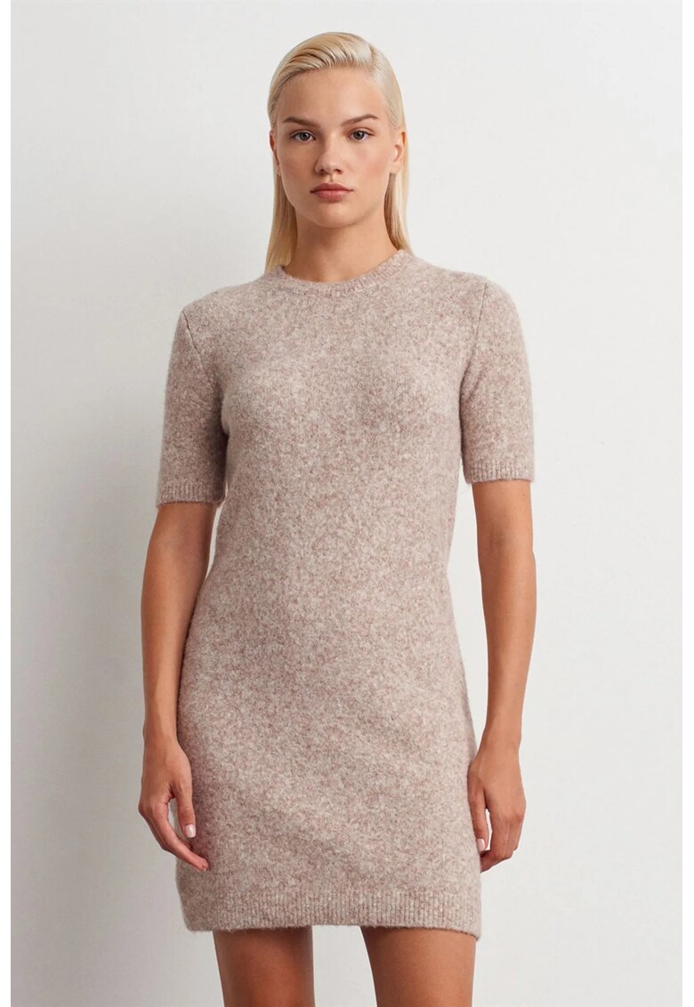 Rochie Mini - tricotata - casual - guler rotund - ovaz natural - fara inchidere -