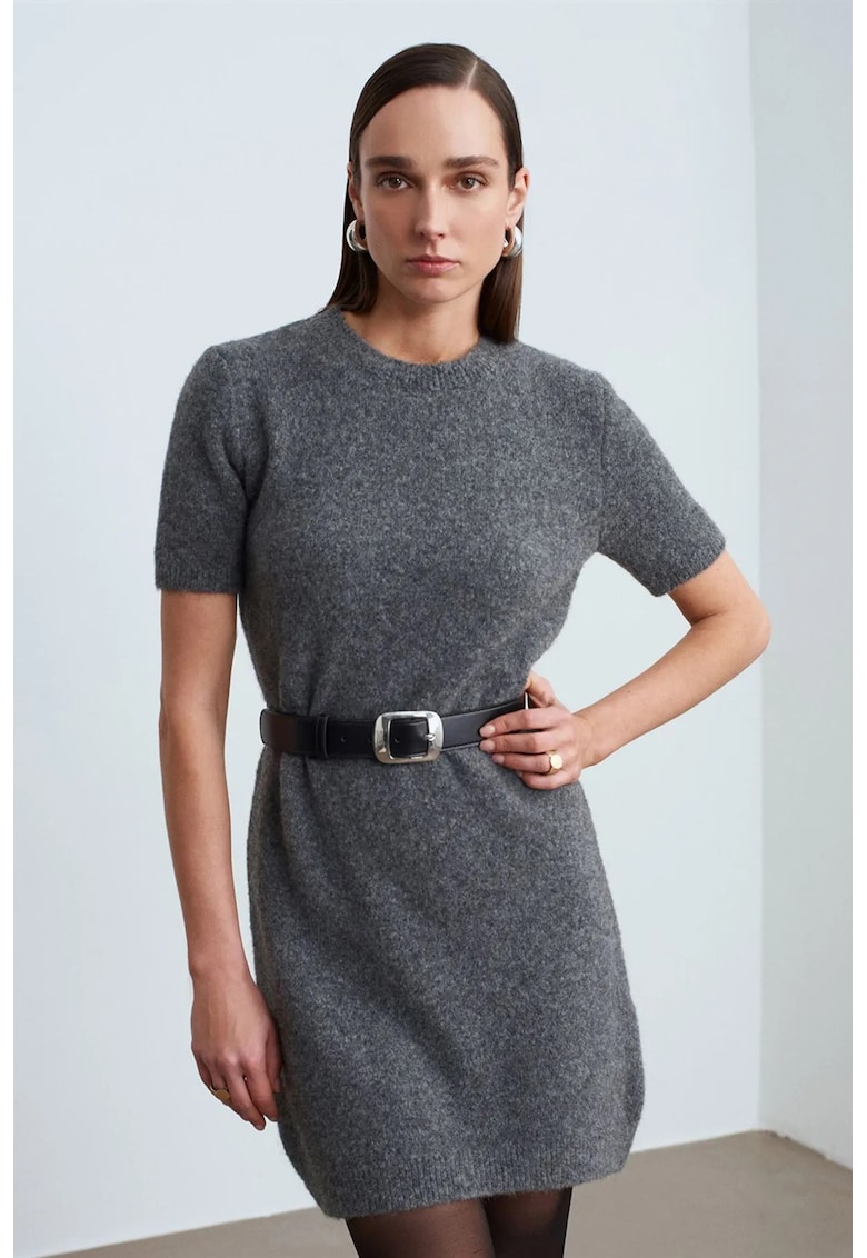 Rochie Mini - Gri Antracit - Tricotata - Casual - Maneci Scurte - One Size