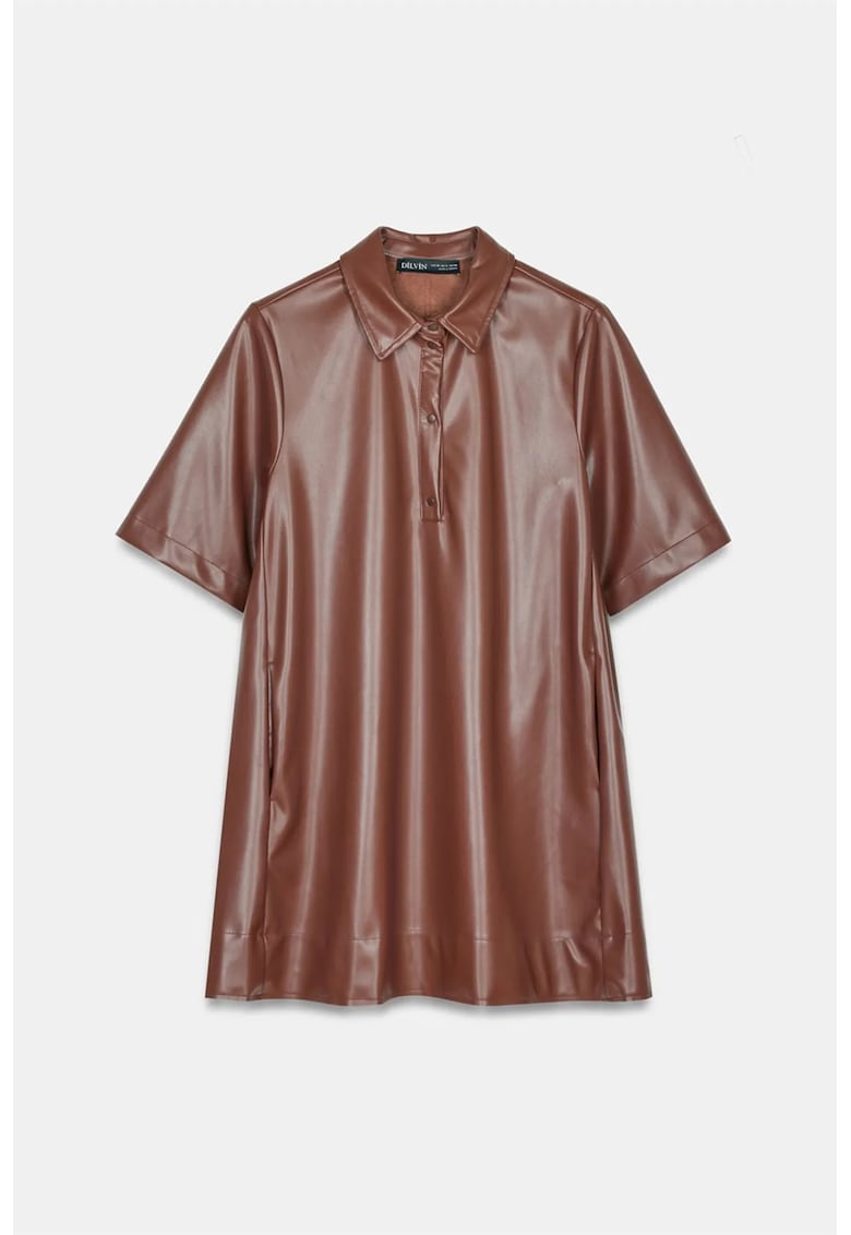 Rochie tip camasa - din piele ecologica - lejera - maro castaniu - poliuretan