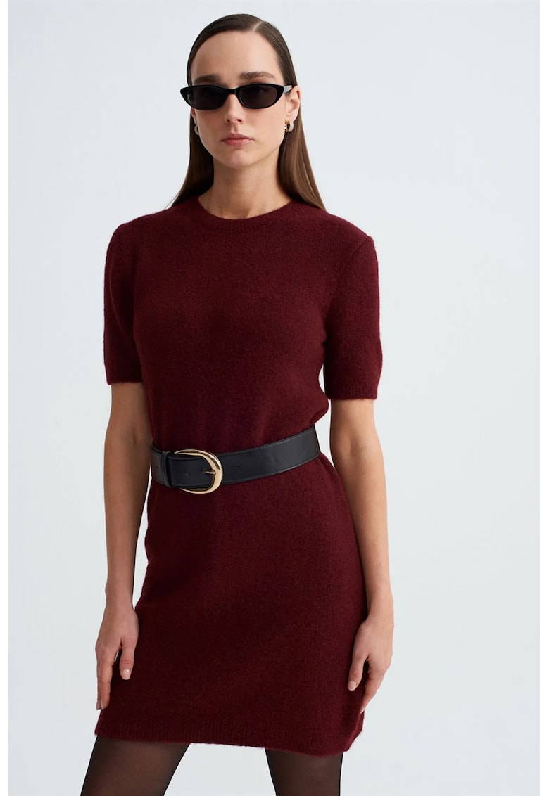 Rochie Mini - tricotata cu nervuri - rosu burgundy - maneca scurta - casual -