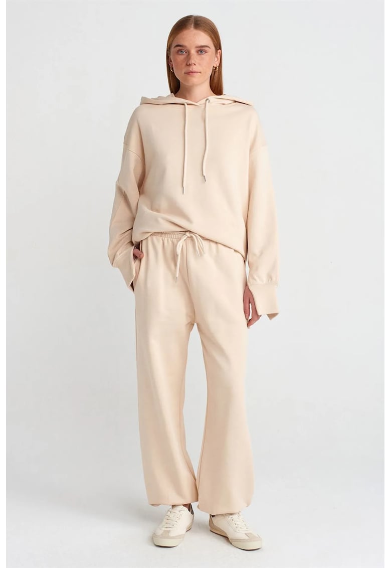 Pantaloni dama - jogger din fleece cu picior larg - bej natural - 80% bumbac - 20% poliester