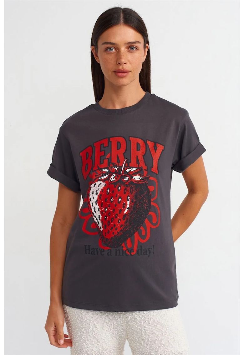 Tricou dama regular fit - imprimeu text - gri antracit - 100% bumbac