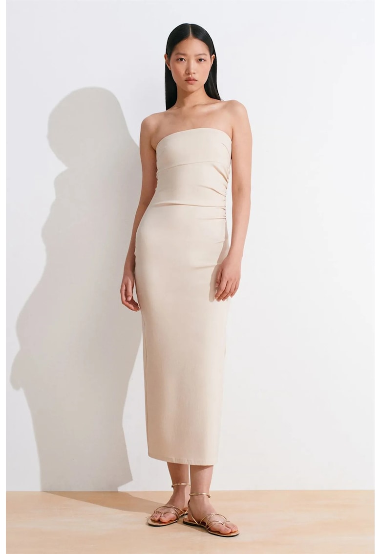 Rochie Midi Femei - Bodycon - Bej Natural - Eleganta - Fara bretele - Cu slit - 70% viscoza