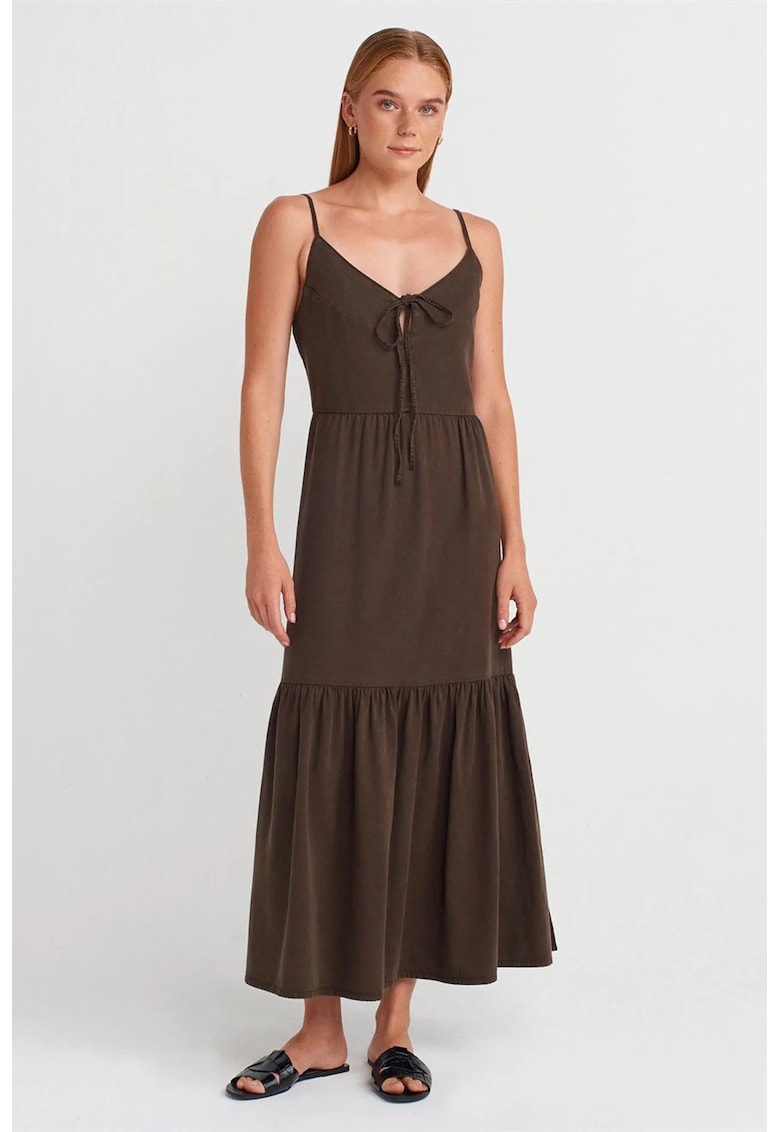 Rochie Maxi Femei - Casual - Decolteu in V - Maro Cafea - Fara maneci