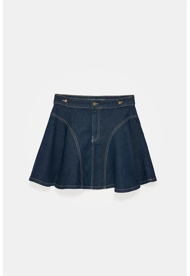 Fusta Mini Skater - Talie Inalta - Casual - Evazat - Denim Albastru Inchis