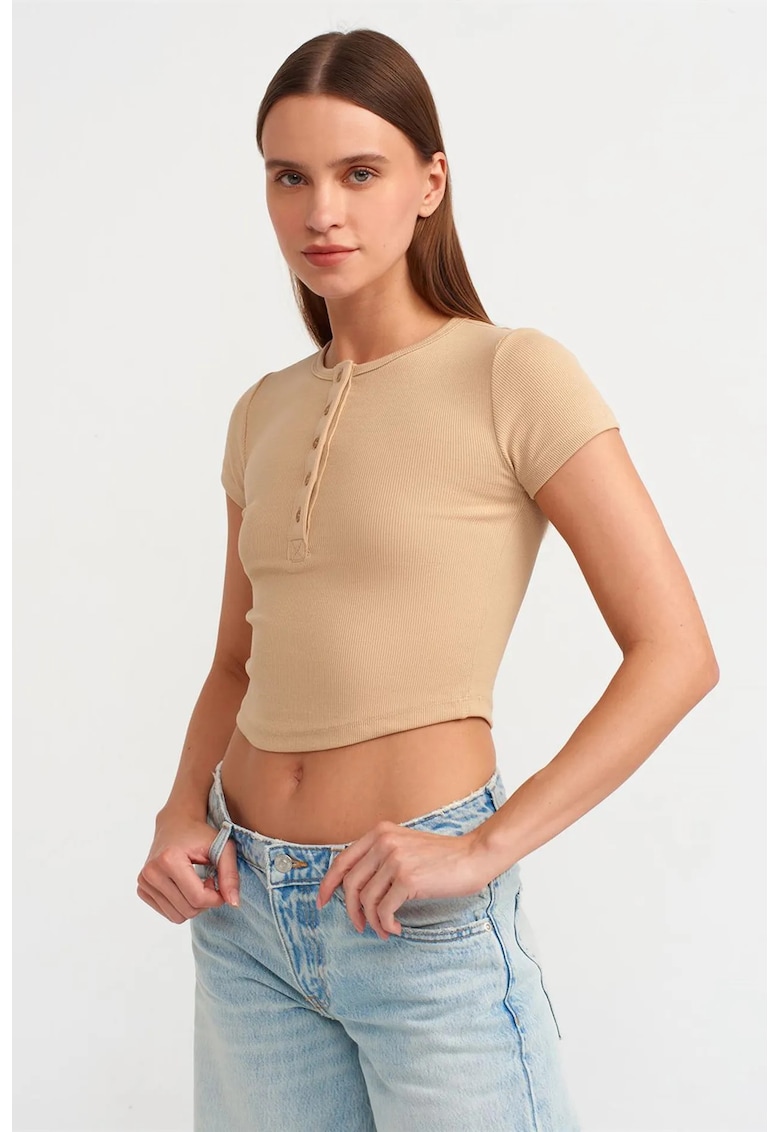 Tricou dama - scurt - slim fit - cu guler rotund - Bej Natural - bumbac cu elastan