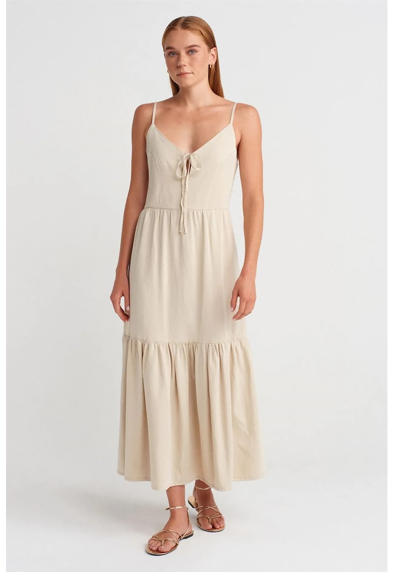 Rochie Maxi Femei - Casual - Bej Natural - Decolteu in V - Decupaj