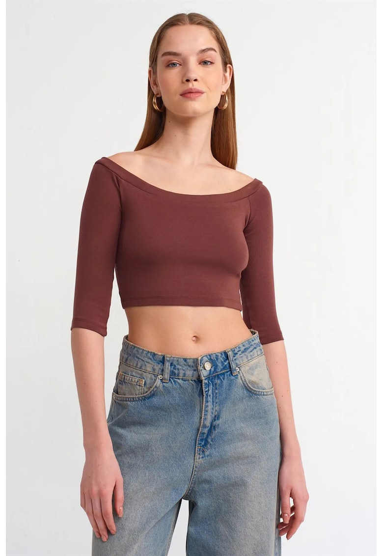 Bluza dama scurta - visiniu - bumbac cu elastan - croiala slim - decolteu off-shoulder -
