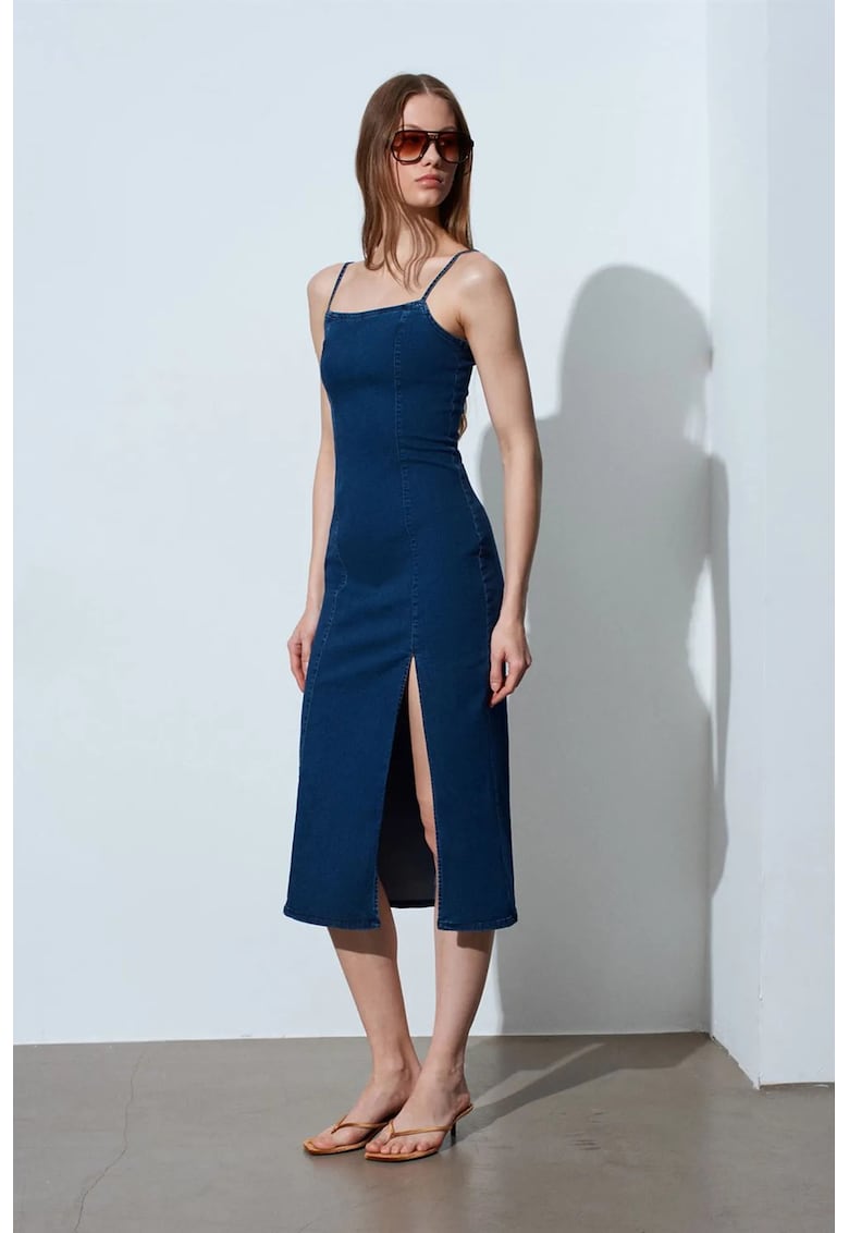 Rochie Midi Bodycon Denim Albastru Inchis - Casual - Fara Maneci - Slit - Bumbac/Elastan