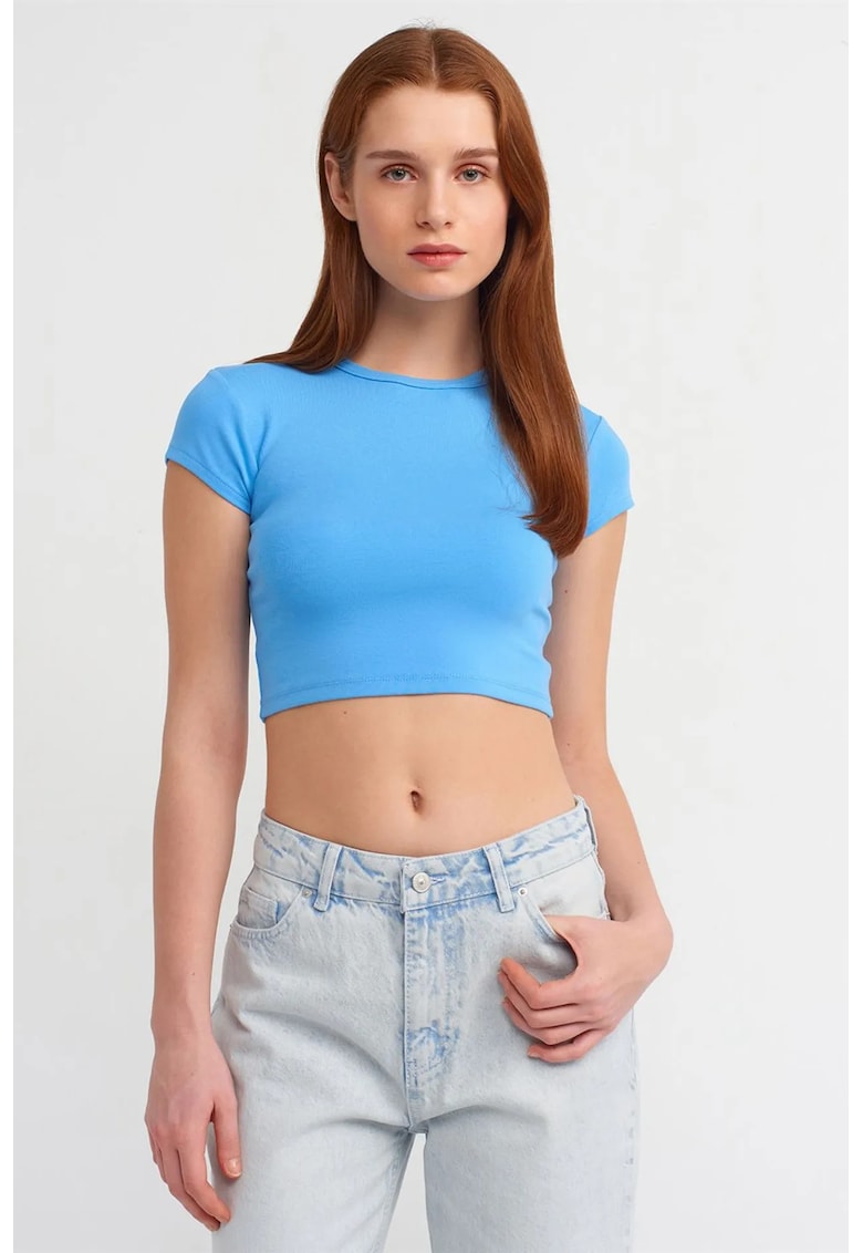 Tricou dama crop slim-fit - albastru deschis - maneca scurta - elastic - 95% bumbac
