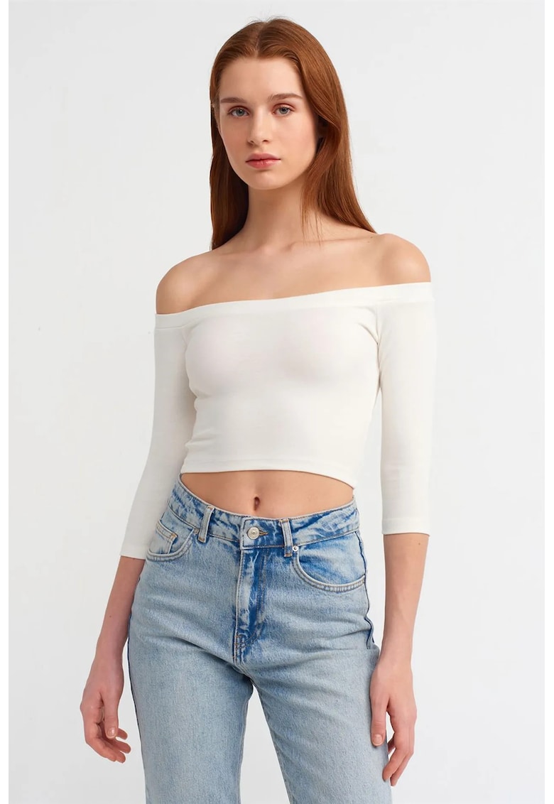 Bluza crop dama alb - bumbac cu elastan - decolteu off-shoulder - maneci trei sferturi -