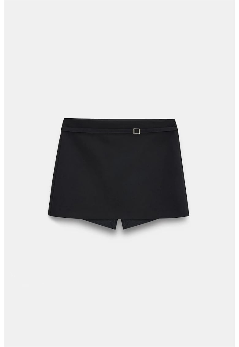 Fusta mini A-line - cu talie inalta si curea - neagra - poliester/viscoza/elastan