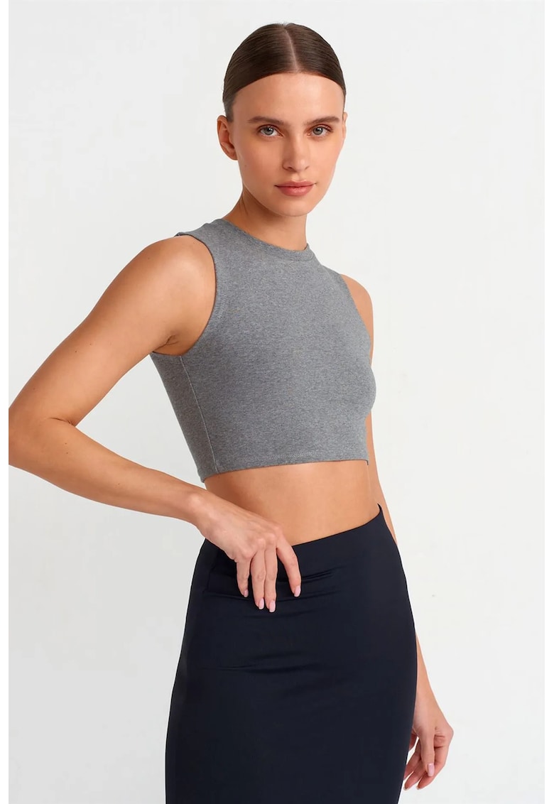 Top scurt - casual - gri - bumbac cu elastan - fara inchidere