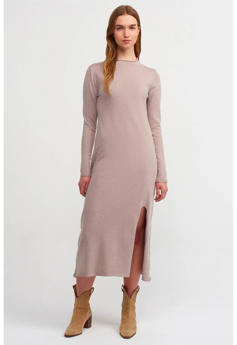 Rochie Midi - casual - bej natural - maneca lunga - turtleneck - fara inchidere - One Size