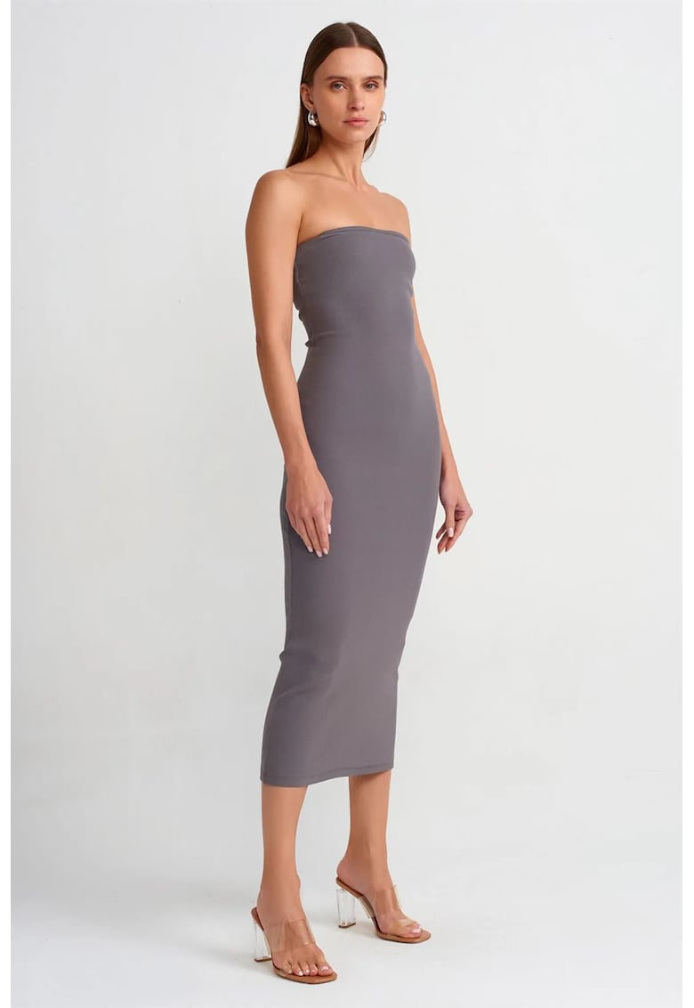 Rochie Midi Bodycon - Gri antracit - Elegant - Fara bretele - 94% bumbac