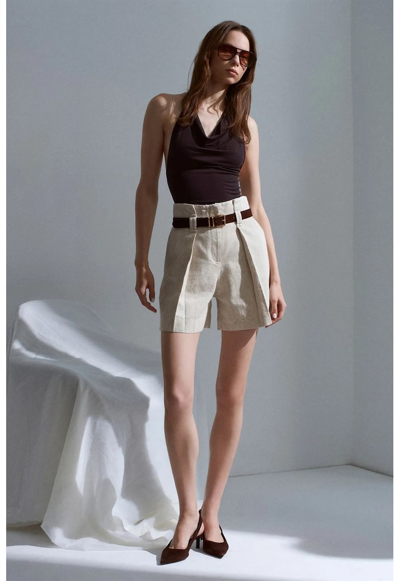 Pantaloni scurti - talie inalta - cu curea - bej natural - casual -