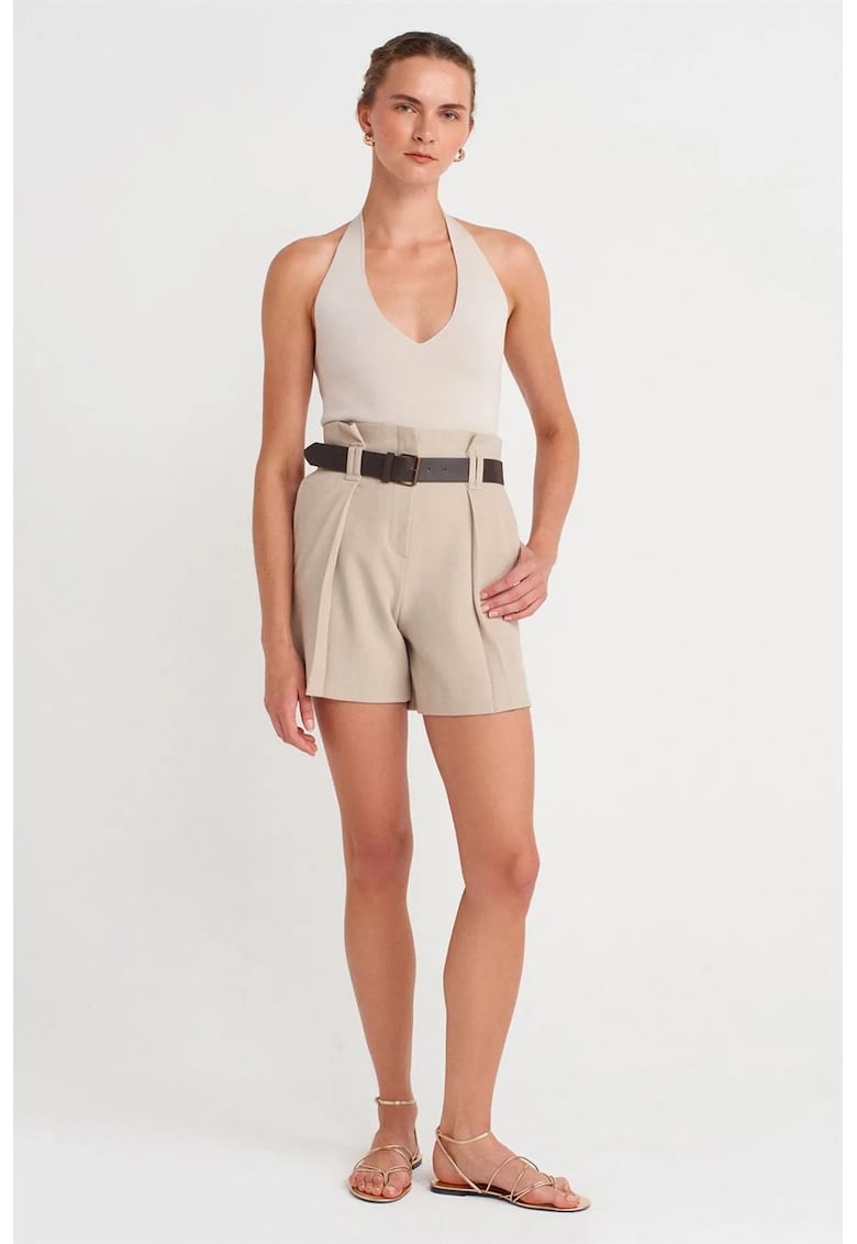 Pantaloni scurti - talie inalta - cu curea - Bej Natural - crep
