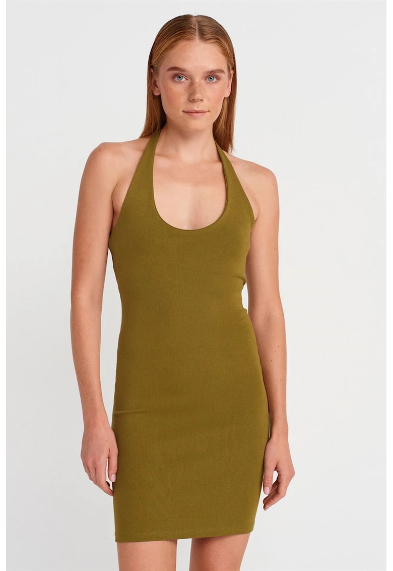 Rochie Mini Bodycon - Verde Olive - Fara Maneci - Tricot cu Nervuri