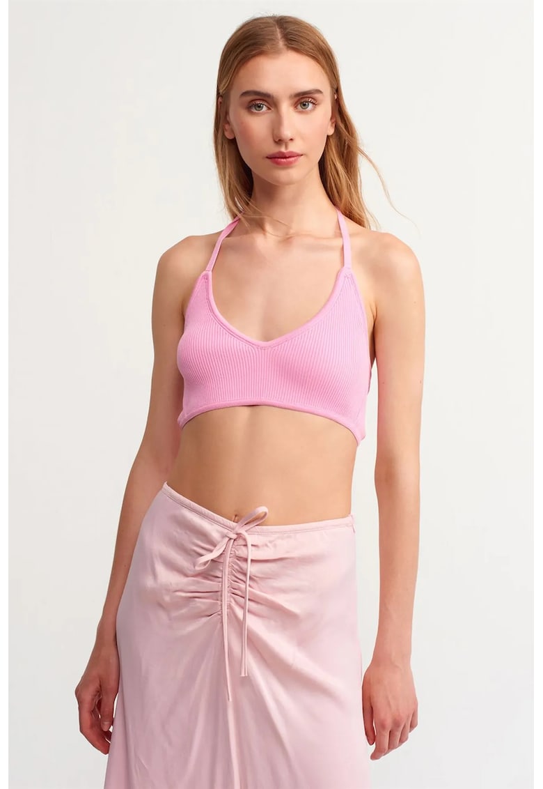 Bluza dama - crop - detalii cu snur - roz pudra - viscoza si poliamida -