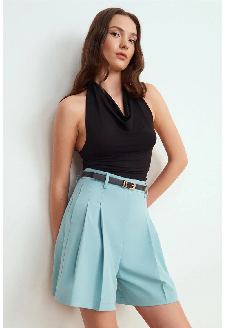Pantaloni scurti dama - talie inalta - picior larg - Baby Blue - poliester-viscoza-elastan