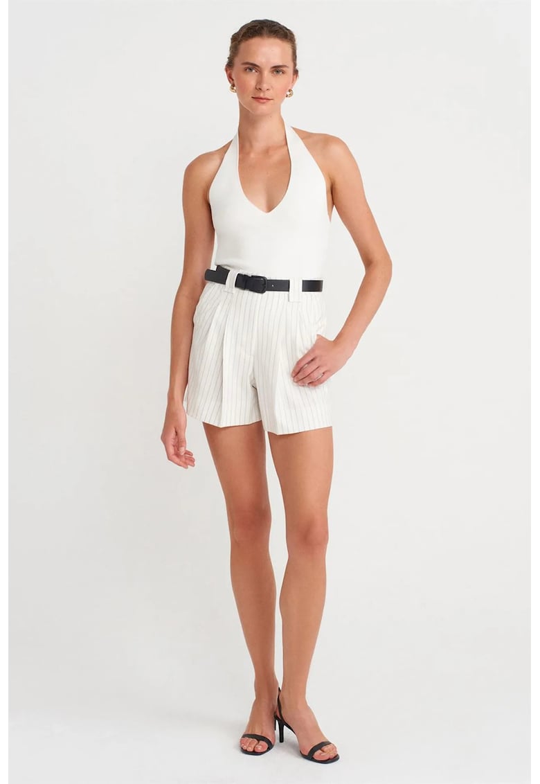 Pantaloni scurti dama - talie inalta - cu dungi - alb prafuit - poliester-viscoza-elastan