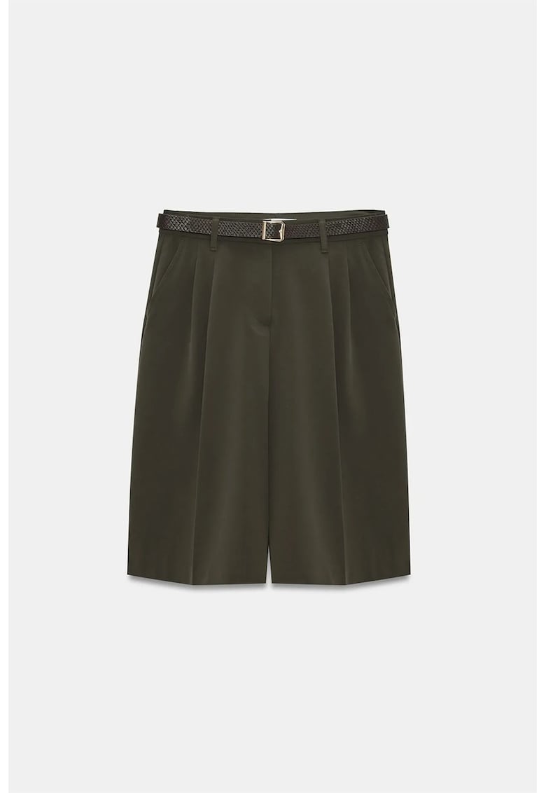Pantaloni scurti - talie inalta - cu curea - verde masliniu - poliester