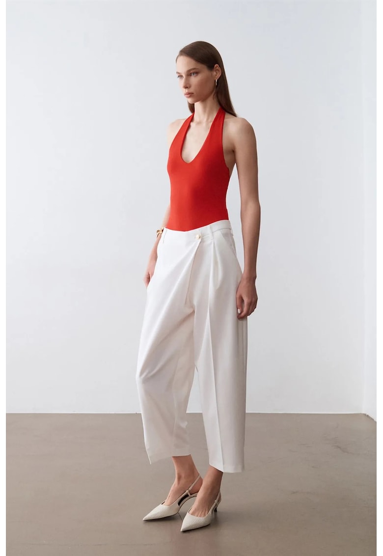 Pantaloni dama - talie inalta - picior larg - alb - crep