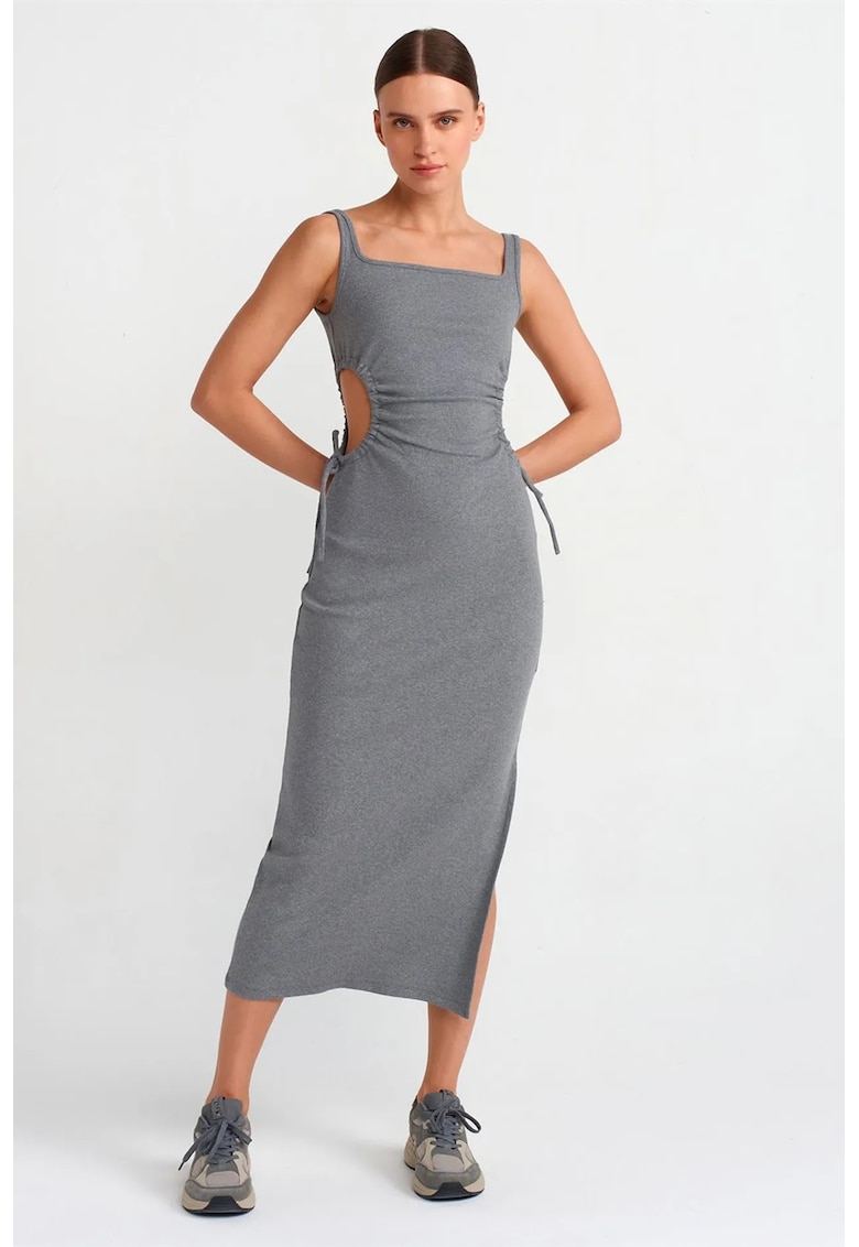 Rochie Midi Bodycon Femei - Gri Antracit - Decupaje - Bumbac/Elastan