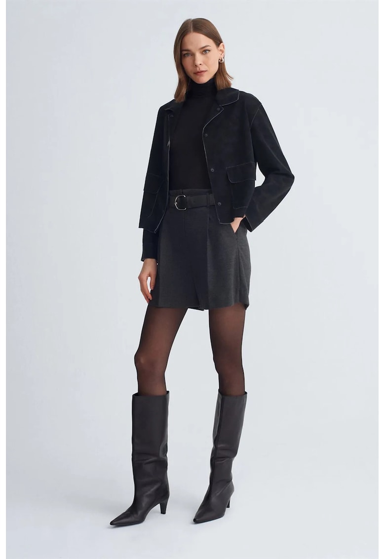 Pantaloni scurti dama - talie inalta - picior larg - gri antracit - poliester-viscoza-elastan