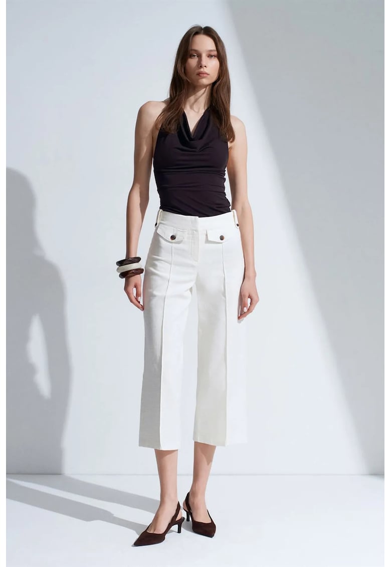 Pantaloni dama - Capri - talie inalta - alb - bumbac